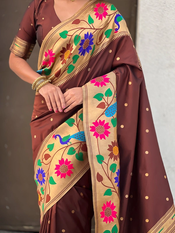 ISHWARI Original Paithani Silk Saree with 9-Inch Big Peacock Border and Meenakari Pallu - FREE, COFFEE