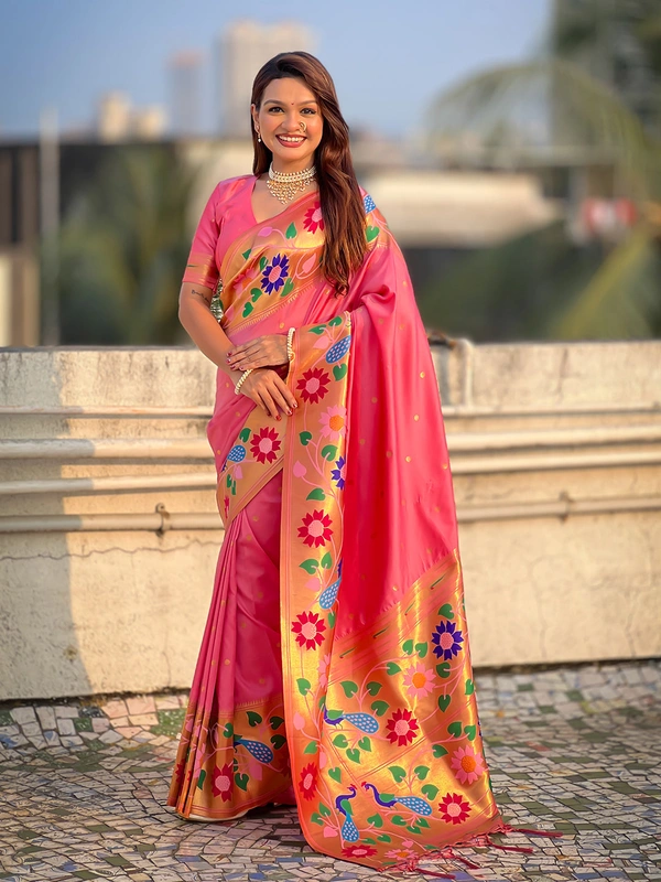 ISHWARI Original Paithani Silk Saree with 9-Inch Big Peacock Border and Meenakari Pallu