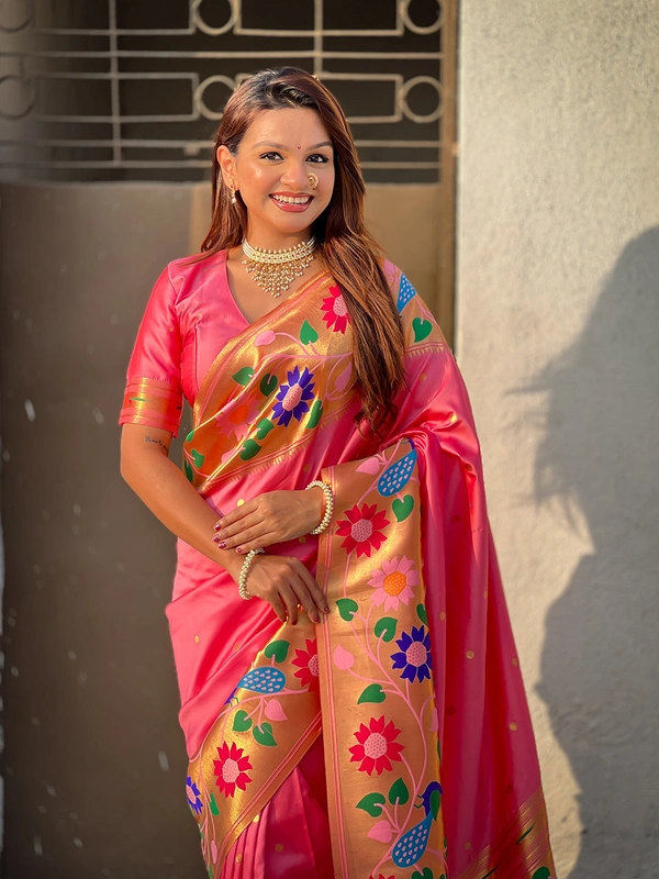 ISHWARI Original Paithani Silk Saree with 9-Inch Big Peacock Border and Meenakari Pallu - FREE, BABY PINK