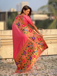 ISHWARI Original Paithani Silk Saree with 9-Inch Big Peacock Border and Meenakari Pallu - FREE, BABY PINK