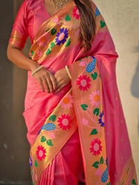 ISHWARI Original Paithani Silk Saree with 9-Inch Big Peacock Border and Meenakari Pallu - FREE, BABY PINK