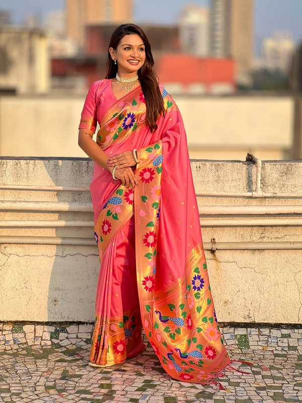 ISHWARI Original Paithani Silk Saree with 9-Inch Big Peacock Border and Meenakari Pallu - FREE, BABY PINK