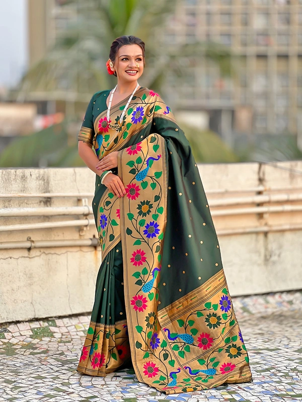 ISHWARI Original Paithani Silk Saree with 9-Inch Big Peacock Border and Meenakari Pallu