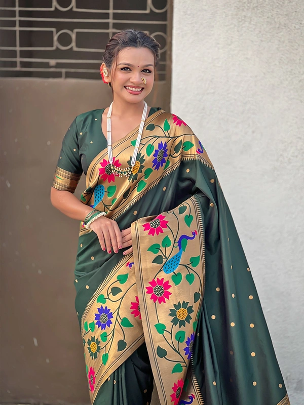 ISHWARI Original Paithani Silk Saree with 9-Inch Big Peacock Border and Meenakari Pallu - FREE, BOTTLE GREEN