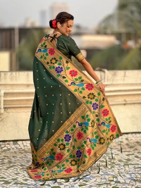 ISHWARI Original Paithani Silk Saree with 9-Inch Big Peacock Border and Meenakari Pallu - FREE, BOTTLE GREEN