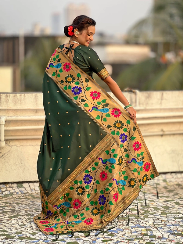 ISHWARI Original Paithani Silk Saree with 9-Inch Big Peacock Border and Meenakari Pallu - FREE, BOTTLE GREEN