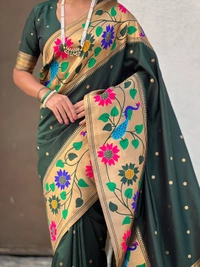 ISHWARI Original Paithani Silk Saree with 9-Inch Big Peacock Border and Meenakari Pallu - FREE, BOTTLE GREEN
