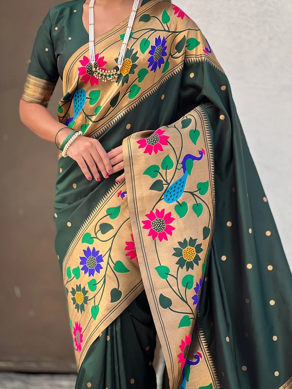 ISHWARI Original Paithani Silk Saree with 9-Inch Big Peacock Border and Meenakari Pallu - FREE, BOTTLE GREEN