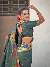 ISHWARI Original Paithani Silk Saree with 9-Inch Big Peacock Border and Meenakari Pallu - FREE, BOTTLE GREEN