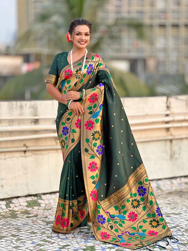ISHWARI Original Paithani Silk Saree with 9-Inch Big Peacock Border and Meenakari Pallu - FREE, BOTTLE GREEN