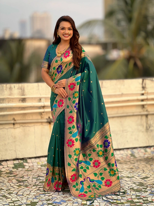 ISHWARI Original Paithani Silk Saree with 9-Inch Big Peacock Border and Meenakari Pallu