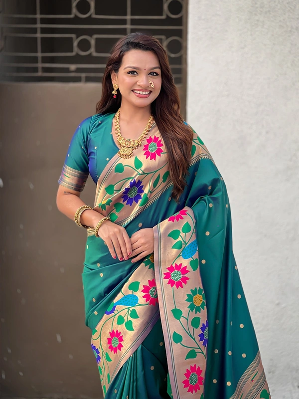 ISHWARI Original Paithani Silk Saree with 9-Inch Big Peacock Border and Meenakari Pallu - FREE, P.GREEN