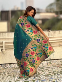 ISHWARI Original Paithani Silk Saree with 9-Inch Big Peacock Border and Meenakari Pallu - FREE, P.GREEN