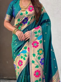 ISHWARI Original Paithani Silk Saree with 9-Inch Big Peacock Border and Meenakari Pallu - FREE, P.GREEN