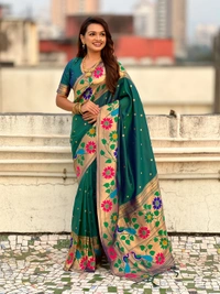 ISHWARI Original Paithani Silk Saree with 9-Inch Big Peacock Border and Meenakari Pallu - FREE, P.GREEN