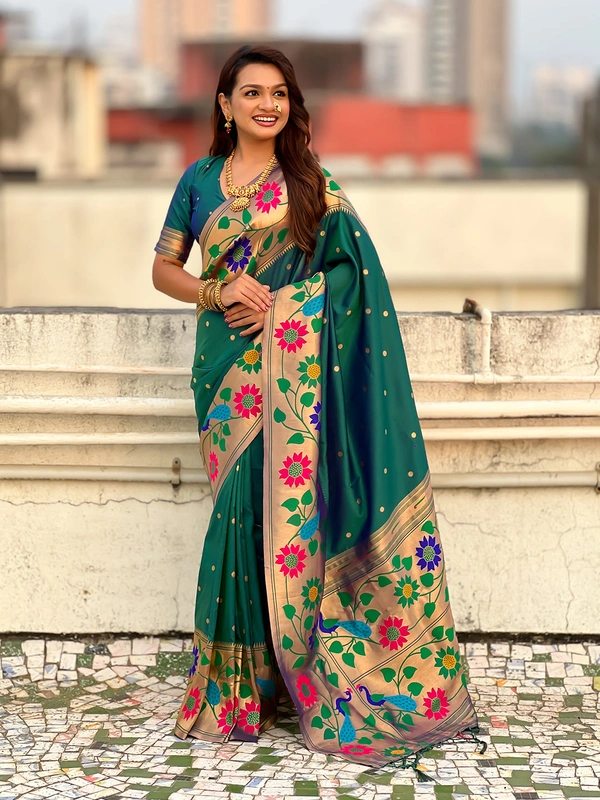 ISHWARI Original Paithani Silk Saree with 9-Inch Big Peacock Border and Meenakari Pallu - FREE, P.GREEN