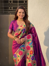 ISHWARI Original Paithani Silk Saree with 9-Inch Big Peacock Border and Meenakari Pallu - FREE, WINE