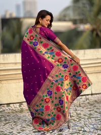 ISHWARI Original Paithani Silk Saree with 9-Inch Big Peacock Border and Meenakari Pallu - FREE, WINE