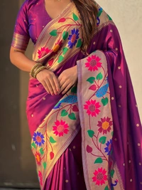ISHWARI Original Paithani Silk Saree with 9-Inch Big Peacock Border and Meenakari Pallu - FREE, WINE