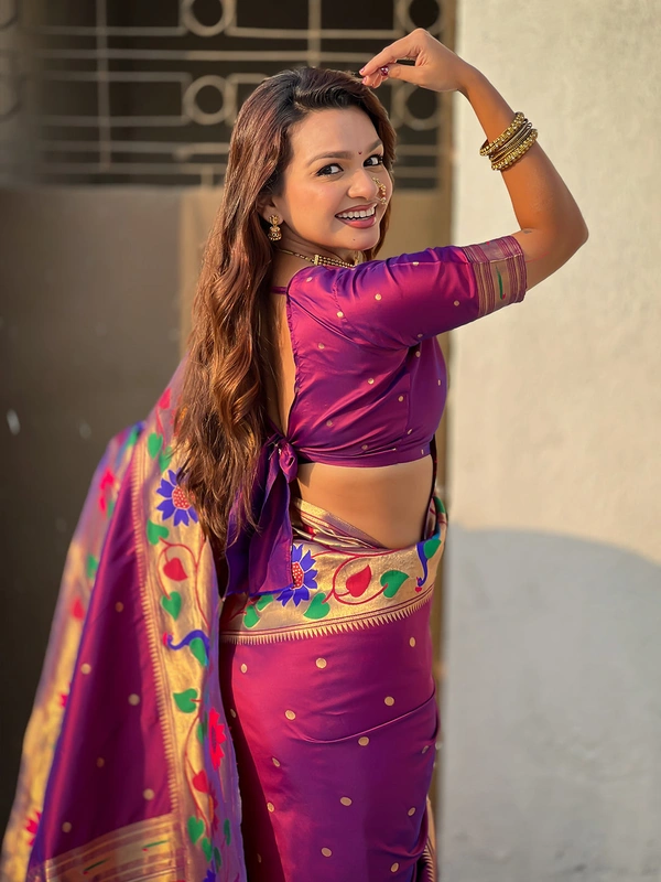 ISHWARI Original Paithani Silk Saree with 9-Inch Big Peacock Border and Meenakari Pallu - FREE, WINE