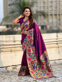 ISHWARI Original Paithani Silk Saree with 9-Inch Big Peacock Border and Meenakari Pallu - FREE, WINE