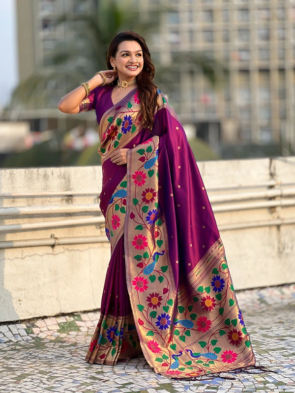 ISHWARI Original Paithani Silk Saree with 9-Inch Big Peacock Border and Meenakari Pallu - FREE, WINE