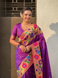 ISHWARI Original Paithani Silk Saree with 9-Inch Big Peacock Border and Meenakari Pallu - FREE, PURPLE-2