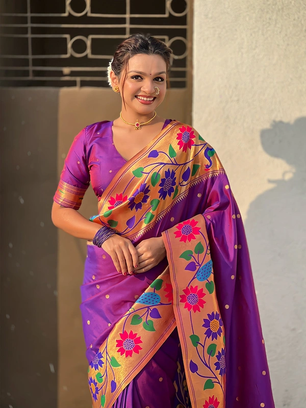 ISHWARI Original Paithani Silk Saree with 9-Inch Big Peacock Border and Meenakari Pallu - FREE, PURPLE-2