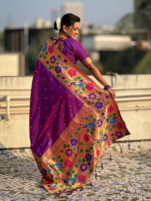ISHWARI Original Paithani Silk Saree with 9-Inch Big Peacock Border and Meenakari Pallu - FREE, PURPLE-2