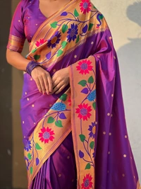 ISHWARI Original Paithani Silk Saree with 9-Inch Big Peacock Border and Meenakari Pallu - FREE, PURPLE-2