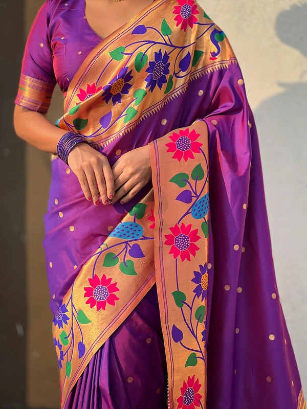 ISHWARI Original Paithani Silk Saree with 9-Inch Big Peacock Border and Meenakari Pallu - FREE, PURPLE-2