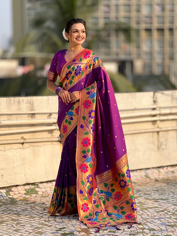 ISHWARI Original Paithani Silk Saree with 9-Inch Big Peacock Border and Meenakari Pallu - FREE, PURPLE-2