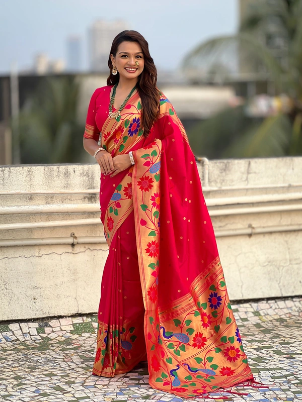 ISHWARI Original Paithani Silk Saree with 9-Inch Big Peacock Border and Meenakari Pallu