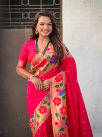 ISHWARI Original Paithani Silk Saree with 9-Inch Big Peacock Border and Meenakari Pallu - FREE, PINK