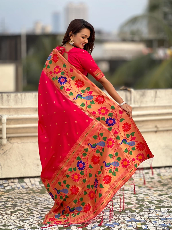 ISHWARI Original Paithani Silk Saree with 9-Inch Big Peacock Border and Meenakari Pallu - FREE, PINK