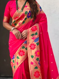 ISHWARI Original Paithani Silk Saree with 9-Inch Big Peacock Border and Meenakari Pallu - FREE, PINK