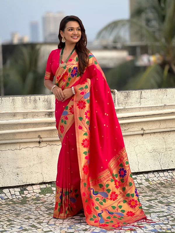 ISHWARI Original Paithani Silk Saree with 9-Inch Big Peacock Border and Meenakari Pallu - FREE, PINK