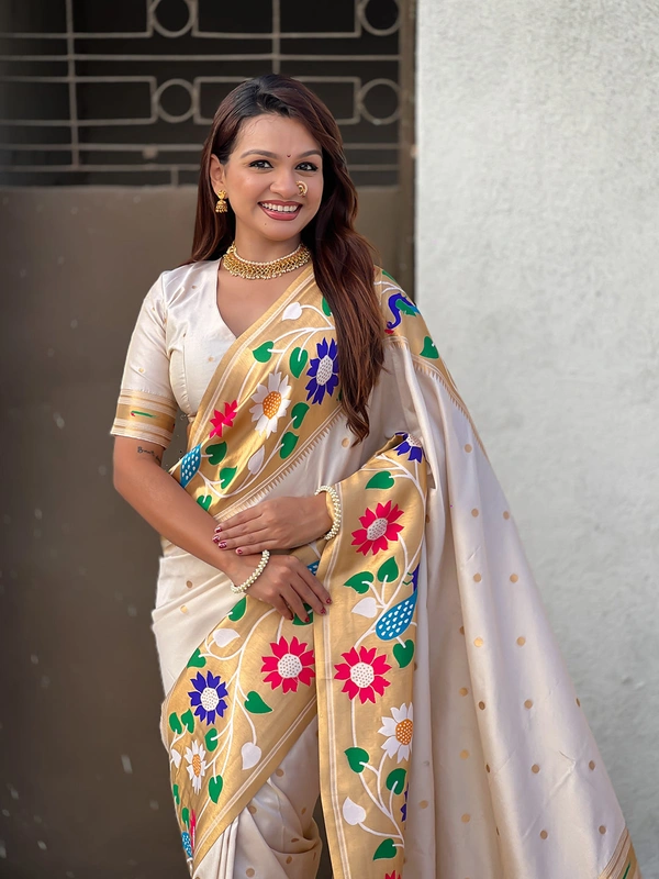 ISHWARI Original Paithani Silk Saree with 9-Inch Big Peacock Border and Meenakari Pallu - FREE, CREAM