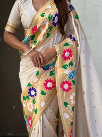 ISHWARI Original Paithani Silk Saree with 9-Inch Big Peacock Border and Meenakari Pallu - FREE, CREAM