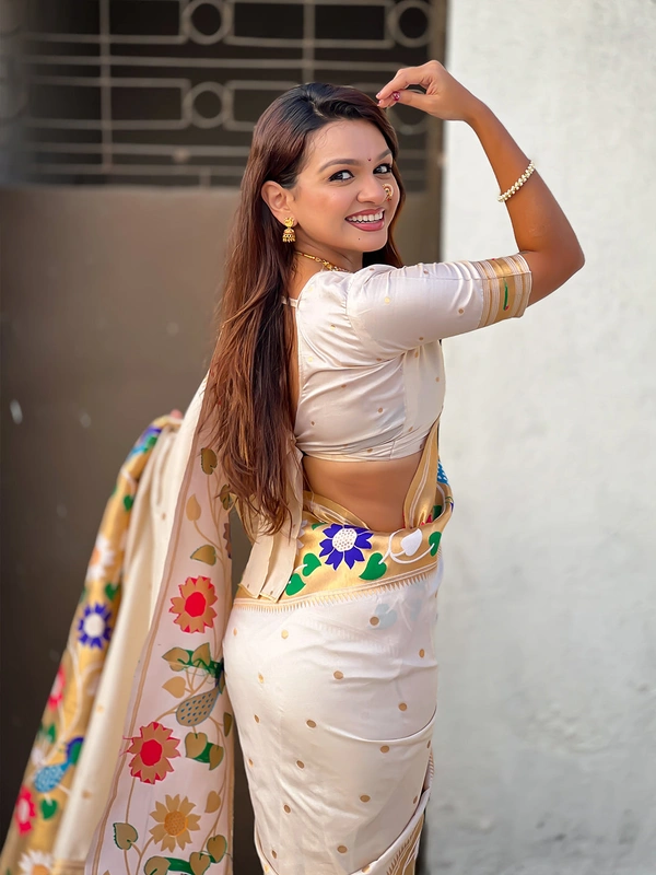 ISHWARI Original Paithani Silk Saree with 9-Inch Big Peacock Border and Meenakari Pallu - FREE, CREAM