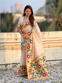ISHWARI Original Paithani Silk Saree with 9-Inch Big Peacock Border and Meenakari Pallu - FREE, CREAM