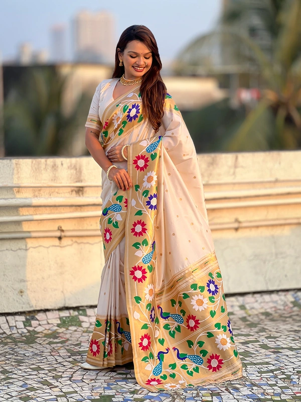 ISHWARI Original Paithani Silk Saree with 9-Inch Big Peacock Border and Meenakari Pallu - FREE, CREAM