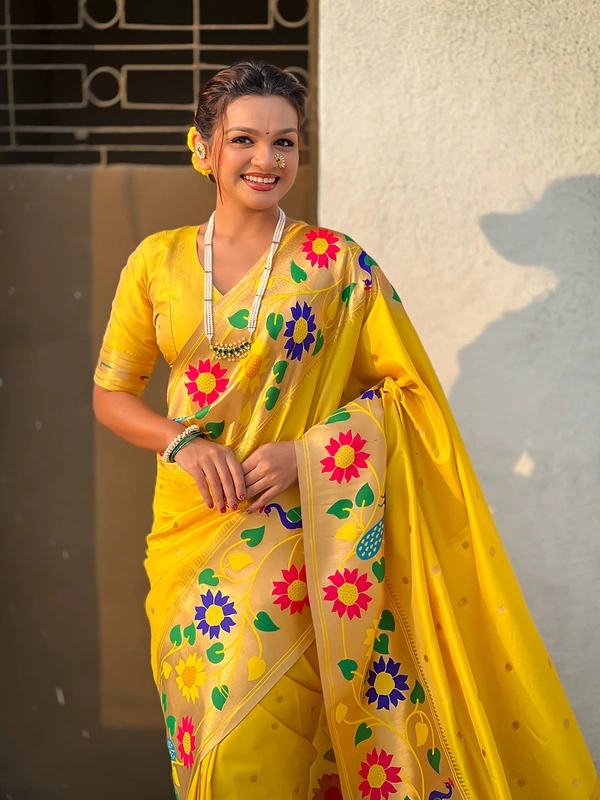 ISHWARI Original Paithani Silk Saree with 9-Inch Big Peacock Border and Meenakari Pallu - FREE, YELLOW