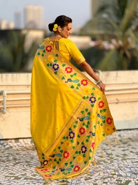ISHWARI Original Paithani Silk Saree with 9-Inch Big Peacock Border and Meenakari Pallu - FREE, YELLOW