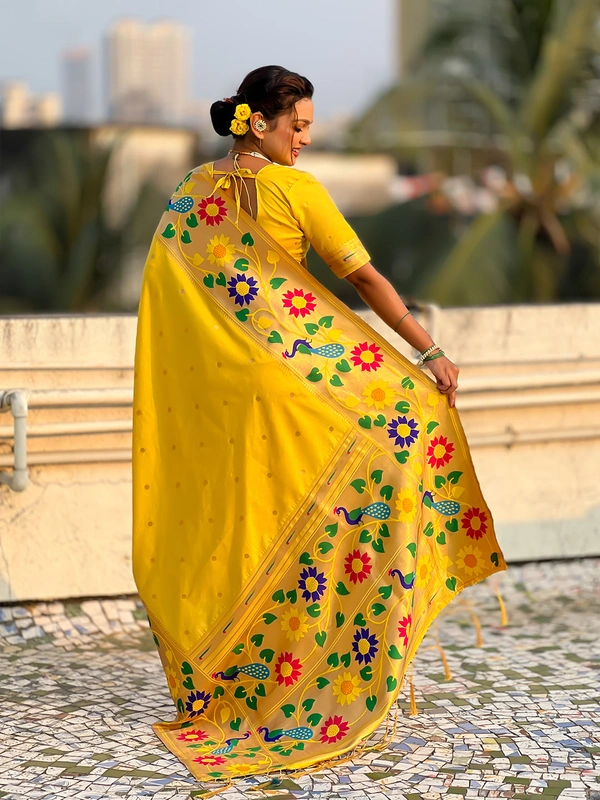 ISHWARI Original Paithani Silk Saree with 9-Inch Big Peacock Border and Meenakari Pallu - FREE, YELLOW