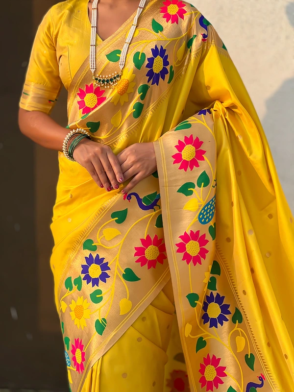 ISHWARI Original Paithani Silk Saree with 9-Inch Big Peacock Border and Meenakari Pallu - FREE, YELLOW