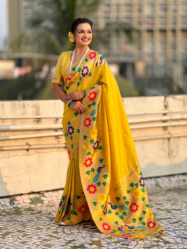 ISHWARI Original Paithani Silk Saree with 9-Inch Big Peacock Border and Meenakari Pallu - FREE, YELLOW