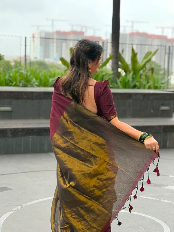 Jyotsna Inspired Khadi Cotton Saree with Heavy Jari Pallu | Soft Cotton Traditional Festive Wear Saree with Running Blouse | Maroon - Free, MAROON