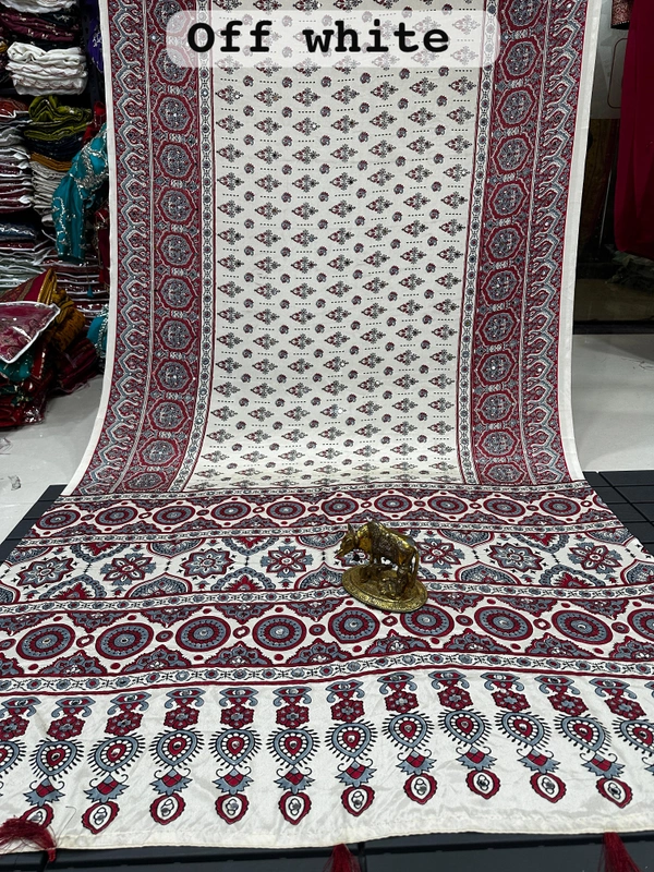 Kadambari Off-White Premium Ajrakh Saree with Royal Maroon Boota Prints and Exquisite Ornamental Border Art - Free, Off White