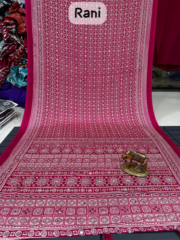 Kalyani Rani Pink Festive Ajrakh Saree featuring Traditional Micro-Block Prints and Sparkling Real Mirror Border - Free, Rani Pink